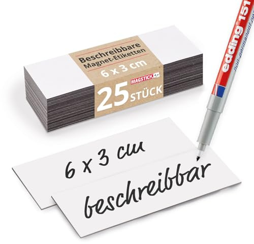 Magstick 25 Stück Magnet-Etiketten 6 x 3 cm zum Beschriften - mag074 | Rückseite magnetisch, Größe 60 x 30 mm, Stärke 0,85 mm, Kein Haftgrund für Magnete, NICHT als Haftmagnet gedacht