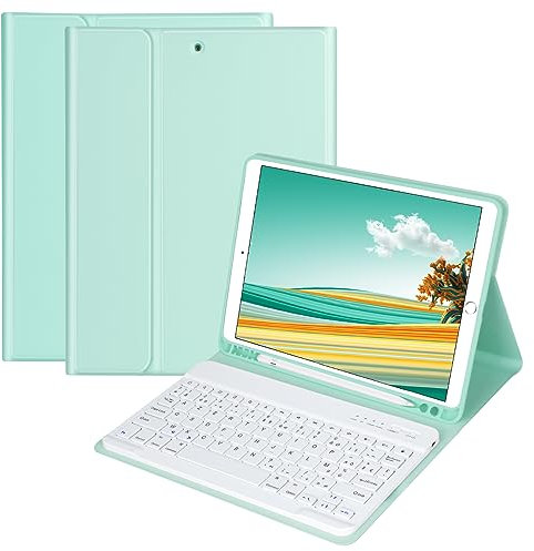 HOTLIFE Clavier Coque pour iPad 10.2 9ème/8ème/7ème Génération 2021/2020/2019 i Pad Air 3 2019 i Pad Pro 10.5, AZERTY Français Amovible Clavier Bluetooth sans Fil Etui (Menthe Verte)