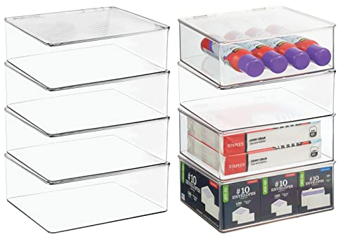 mDesign Schreibtisch Organizer – praktische Aufbewahrungsbox mit Deckel für Stifte, Haftnotizen, Radierer etc. – stapelbare Schreibtischablage aus Kunststoff – 8er-Set – durchsichtig