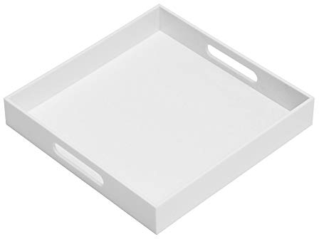 KEVLANG Glänzendes weißes Tablett aus stabilem Acryl mit Griffen, 35.6 x 35.6 cm, Serviertablett für Kaffee, Vorspeisen, Frühstück, Butler-Kitchen, Arbeitsplatte, Make-up, Organizer, Schminktisch