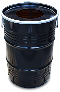 BarrelKings - BinBin - Poubelle 60 litres - Baril de Pétrole - Couvercle avec Trou - Noir - 60 L - Tonneau Metal - Poubelle Metal - Baril Déco - Poubelle Baril - Poubelle Exterieur