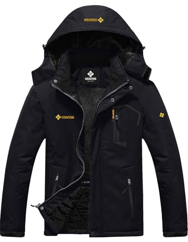 GEMYSE Herren Wasserdichte Berg-Skijacke Winddichte Fleece Outdoor-Winterjacke mit Kapuze (Schwarz,3XL)