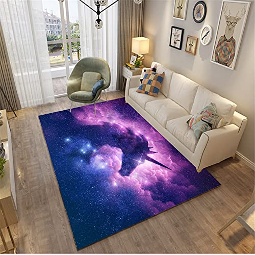 Galaxy Einhorn Teppich Kinderteppich Rutschfest Spielteppich Große Größe Schwarz Lila Blume Einhorn Kinderzimmerteppich Teppich im Wohnzimmer Teppich im Wohnzimmer (Farbe 1,80 x 160 cm)