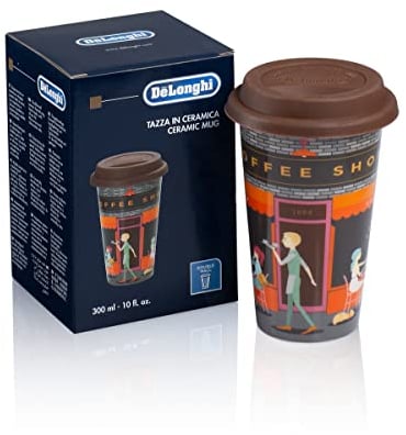 De'Longhi Travel Mug, Thermos à double paroi pour boissons chaudes et froides, facile à transporter, étui antidérapant en silicone, 300 ml de capacité, DLSC066, Marron