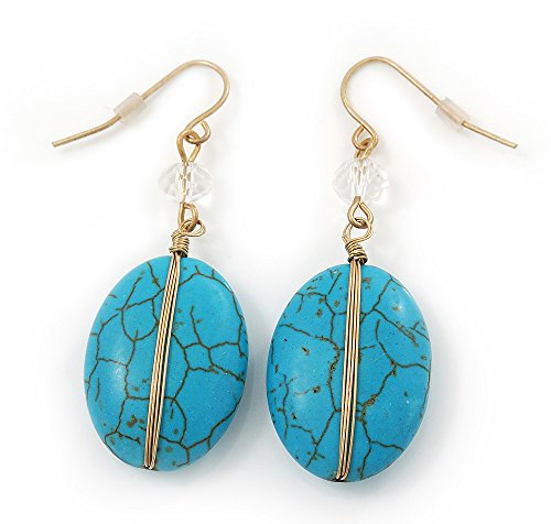 Orecchini pendenti ovali in pietra turchese con filo di colore oro 5 cm L, Turchese Pietra Metallo Gemma
