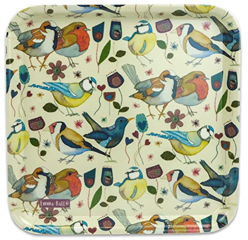 STITCHED BIRDIES - Garden Birds - Emma Ball Colourful Square Melamine Tray - 29 cm