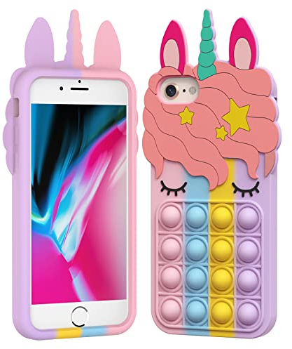 Asgens Pop Fidget It Case for iPhone 6/6S/7/8/SE 2020, Cute Lovely Cartoon Unicorn Rainbow Stress Relieve Push Bubbles Protective Silicone Soft Phone Case for Apple iPhone 6/6S/7/8/SE 2020 4.7 inch