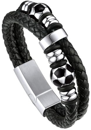 Bandmax Herren Lederarmband mit Fußball-Schmuckzubehör Geflochtenes Armband aus Mikrofaser-Leder Flechtarmband Lederarmband mit Magnet Verschluss Zartes Armband für Geburtstag/Vatertag