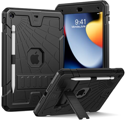 Herize Case Kompatibel mit iPad 9th Generation für Kinder, mit Stifthalter Stand, Heavy Duty Rugged Case für iPad 10.2 Zoll Schwarz