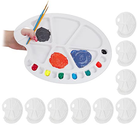 10 x Mischpalette für Farben, Malpalette mit Griffloch, für Schule und Künstler, mit 20 Mulden, Kunststoff, weiß