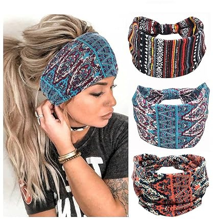 3 Stück Damen-Haarbänder, breit, elastisch, weich, breit, elastisch, böhmisch, Kopfbedeckung, Haarband, Workout, Kopfwickel, Boho-Druck, Haarschmuck, Yoga, Sport, Stirnband