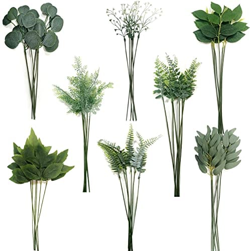 Künstliche Blätter, Plastikblätter, Gefälschte Blätter, 48 Stück mit Stielen, 8 Arten Gefälschte Pflanze Zimmer Decor für Küche Garten, Balkon, Schlafzimmer, Bankett, Hochzeit (Grüne Blätter)