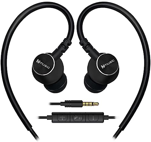 Hmusic Sport-Ohrhörer mit Mikrofon verkabelt, 3,5mm Metall Muschel Ohrstöpsel in-Ear Kopfhörer mit Over Ear Haken Ohrhörer für Sport, Laufen, Training, Übung, Fitnessstudio