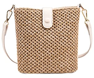 Ulisty Femme Petit Sac en Fausse Paille Mini Tissé Sac à seau Été Sac de plage Mode Sac à bandoulière Sacs portés épaule Gibecière Sac à main