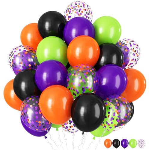 Luftballons Orange Lila Schwarz Grün, 60 Stück 12 Zoll Halloween Party Deko Ballons, Dunkel Lila Schwarz Orange Grün Konfetti Latexballons Set für Kinder Gruselig Halloween Nacht Party Dekoration