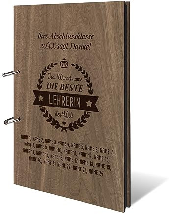 Personalisiertes Fotoalbum echtes Holz DIN A4 Erinnerungsbuch mit Lasergravur - Abschlussklasse - mit 25 Blatt / 50 Seiten Fotokarton Schwarz