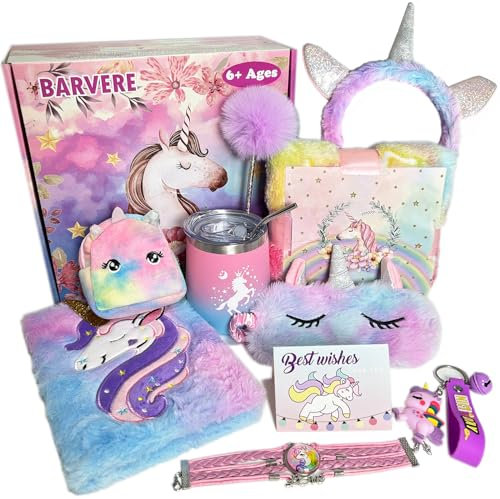BARVERE Einhorn Geschenke für Mädchen, Einhorn Kuscheltier Spielzeug für 6 7 8 9 10 Jährige, Spielzeug Mädchen Set mit Augenmaske Stirnband Trinkflasche Decke, Geburtstag Geschenk