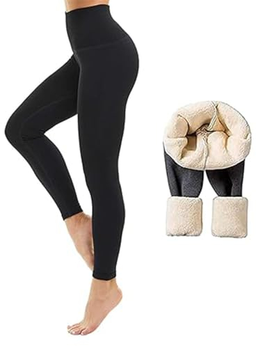 LYAART Winter-Leggings aus Lammfell, warme, mit Fleece gefütterte Strumpfhose für Damen, superdicke Thermo-Leggings aus Kaschmir mit hoher Taille (Black,M)