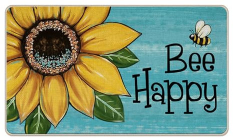 Tailus Spring Summer Sunflower Decorative Front Door Mat, Bee Happy Floral Blue Doormat Indoor Outdoor Non-Slip Floor Entryway Rug, Seasonal Home Kitchen Decoration 17x29 Inch