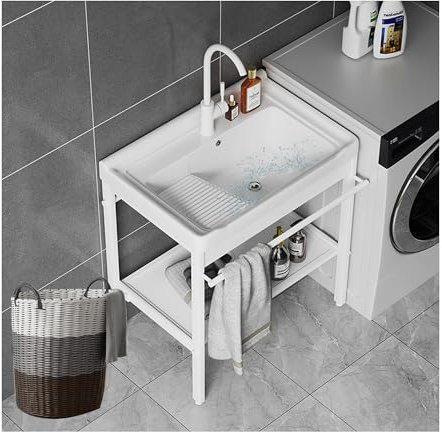Lavabo Lavanderia Utilità ,Lavello da Cucina Autoportante,Lavandino da Giardino Esterno,Lavatoio Ceramica,Supporto in Acciaio Inox,con Rubinetto,Componenti di Drenaggio,per interno/Esterno ( Color : R