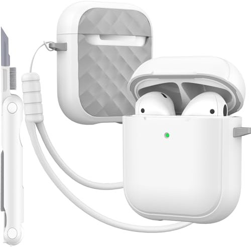 MHYALUDO Custodia per AirPods Case Cover con kit di pulizia & cordino, copertura protettiva completa con cordino, colore amaretto giovanile per custodia di ricarica per Airpods 2 gen,Bianco/Grigio