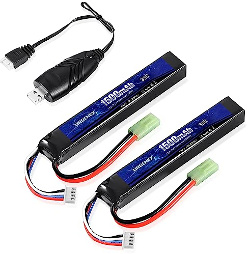 URGENEX Airsoft Akku 11.1V 1500mAh 35C High Discharge Rate Lipo Battery Pack with Mini Plug Rechargeable 3S Lipo Battery for Airsoft Model Guns