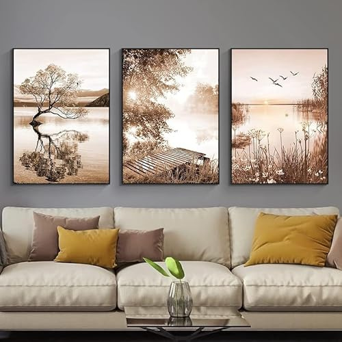 LPFNSF Beige Wohndekoration Plakat, Moderne Schilfpflanze Dekoration Landschaftsmalerei, Schlafzimmer, Wohnzimmer, Büro Hintergrund Wanddekoration Plakat, Rahmenlos (Stil 2,60x90cm*3)