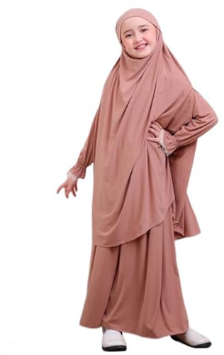 Gebetskleidung f?r M?dchen Kinder Muslimische Kleider Lang Khimar mit Rock Set Arabische Islamische Kleinkinder Hijab Gebetskleid Abaya Kaftan Maxikleid Mittlerer Osten Dubai Robe Orange Rosa 7-8J
