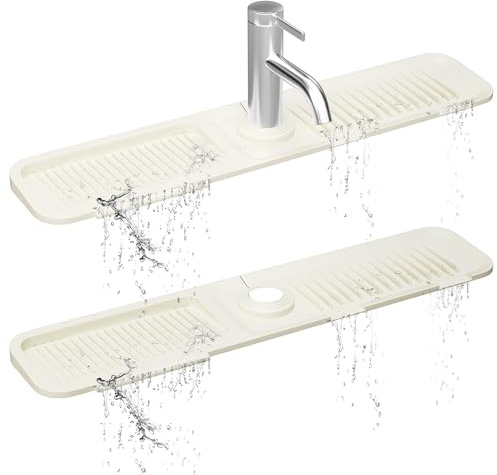 Alfombrilla de drenaje de silicona para fregadero de cocina, 24 x 5.5 pulgadas, beige y blanco inclinado de 5°, protector contra salpicaduras de fregadero de cocina, tapete de grifo para fregadero de