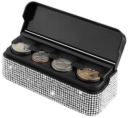 carleef Porte-pièces de monnaie Bling pour voiture, 4 compartiments de rangement avec strass, compatible avec quartier/nickel/centimes/dimes, organiseur de pièces de monnaie universel pour voiture,