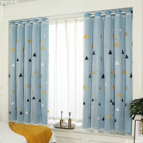 Daesar Verdunklungsvorhänge Blau 2er Set, Vorhänge Blickdicht mit Ösen mit Sternen und Dreieck Motiv Doppellagig Modern 300x170CM Gardinen Vorhänge Schlafzimmer Wohnzimmer