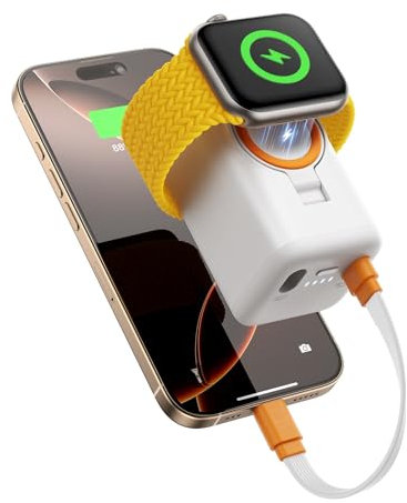 JOYROOM 5000mAh Power Bank per iPhone e Apple Watch,[Cavo USB C a Doppia Porta per iOS] Caricatore Portatile per iPhone16/15/14/13, iWatch Series 10/9/8/7/6/5/SE/4/3/2/Ultra2/Ultra - Bianco