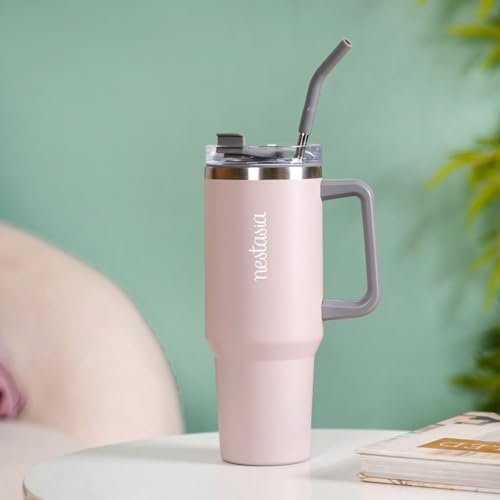 Nestasia 1.2L Tumbler with Handle Straw & Lid | Insulated Reusable Stainless Steel Water Bottle | Leak Proof Mug for Office, Gym, Travelling (Light Pink), 1200 milliliters