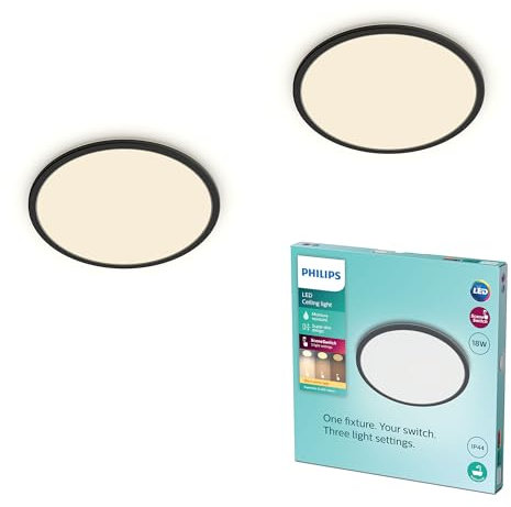 Philips LED Badezimmer Deckenleuchte Superslim, schwarz, 18W, warmweißes Licht 2.700K, 3 Lichteinstellungen - dimmen ohne Dimmer, IP44 Schutz, Doppelpack