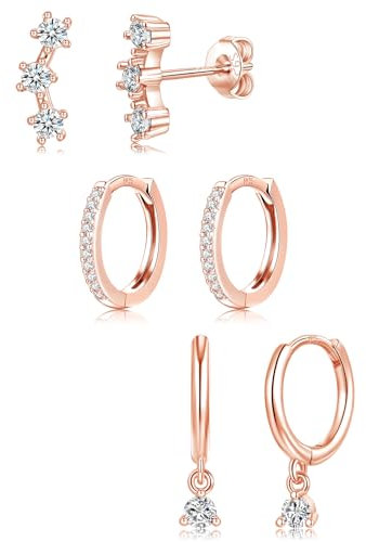 Hypoallergenic 3 Pairs Sterling Silver Rose Gold Stud Hoop Earrings Set for Women Girls, Small Helix Cartilage Sleeper Cubic Zirconia Stud Hoop Earrings Stacks for Multiple Piercing