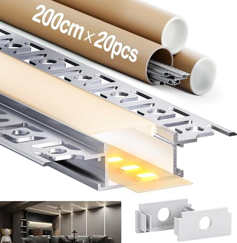 LASLUX 20 x LED Aluminium Profil für Trockenbau 2 m (40 m), mit Halbdurchsichtiger LED Diffusor für Streifen bis 20 mm, Maße: 64,2 x 13,8 mm