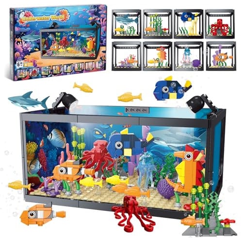 8-in-1 Aquarium Fish Tank Baustein mit LED Licht, einschließlich Meeresquallen, Fischen, Tierbauspielzeug, Geburtstag Weihnachten Geschenk für Erwachsene Kinder Jungen Mädchen ab 6 8 10 12+ Jahren