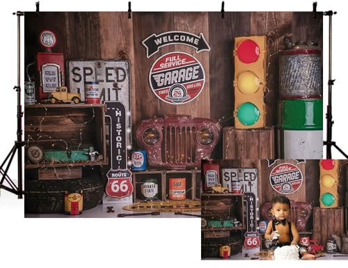 AIBIIN Hintergrund für Autoreparatur, Lager, Fotografie, Jungen, 1. Geburtstag, Automechaniker, Kuchen, Smash, Dekoration, Fotostudio-Requisiten, 2,1 x 1,5 m