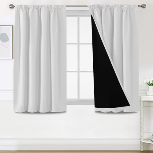 BellaHills 100% Thermovorhang Kälteschutz mit Kräuselband Gardinen Blickdicht 2er Set H137 x B117 cm Verdunklungsgardine Vorhänge Wohnzimmer Blackout Curtains, Vorhänge Kurz, Grau-weiß