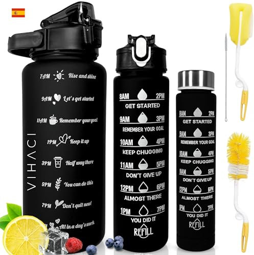 VIHACI Pack 3 Botellas Agua Gimnasio Motivacional Grande - 2L 1L 300ml Botella Agua Gym Deportiva Reutilizable Libre BPA - Cantimplora Agua Deportiva - Bidon Agua Deporte Gimnasio - Modernas (Negra)