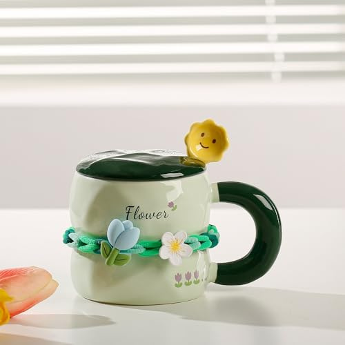 MAGICVOGEL süße Blumen Kaffeetasse 380ml Blumenbecher mit Deckel und Löffel Cute Teetasse Milchbecher mit großem Henkel für Geburtstag Valentinstag Weihnachten Muttertag (Grün)