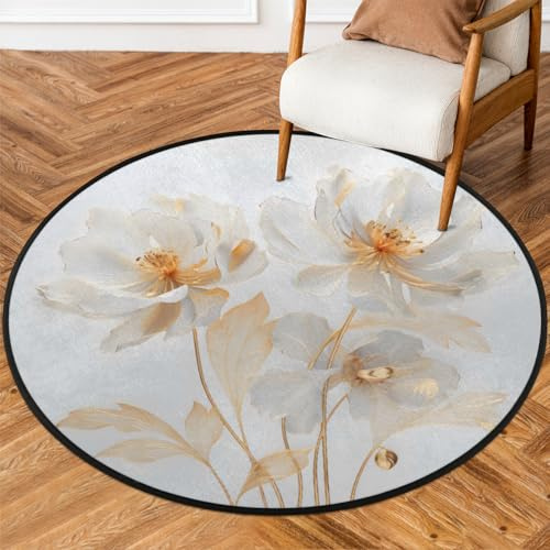 MPTPTM Runder Outdoor-Teppich, weiß-goldene Blume, schön, waschbar, kreisförmig, rutschfest, für Wohnzimmer, Badezimmer, Büro, 160 cm