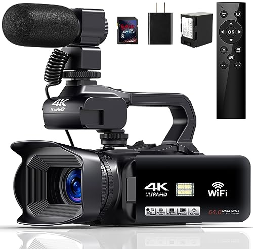 JIOWEATHER 4K Videokamera Camcorder HD 64MP 18X Digitalzoom Vlogging Kamera für YouTube Videokamera mit WiFi, 4500mAh Akku, 64GB SD-Karte, Stabilisator, Mikrofon, Fernbedienung