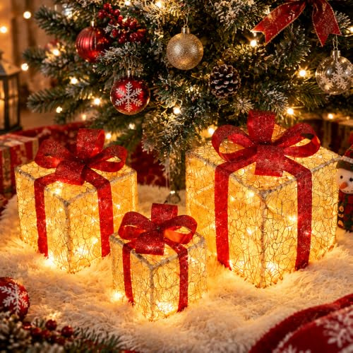 XEERUN 3er Set LED Geschenkbox Weihnachten, LED Geschenkboxen Weihnachten 8 Blitzmodi, Weihnachtsdeko Beleuchtete Boxen Mit Fernbedienung Für Wohnzimmer, Fenster, Weihnachtsbaum