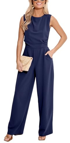 CUPSHE Damen Elegant Jumpsuit Rundhals Ärmellos Plissee Weite Beine Overall | Figurfreundliche High Waist Passform, fließender Stoff und praktische Seitentaschen für elegante Looks.