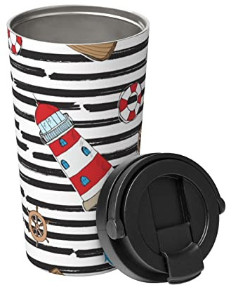 Tragbare Isolierte Tasse Nautischer Anker Und Leuchtturm Classic Thermobecher Personalisierte Vakuum Autobecher, Für Kinder, Wasser, Erwachsene, 17Oz