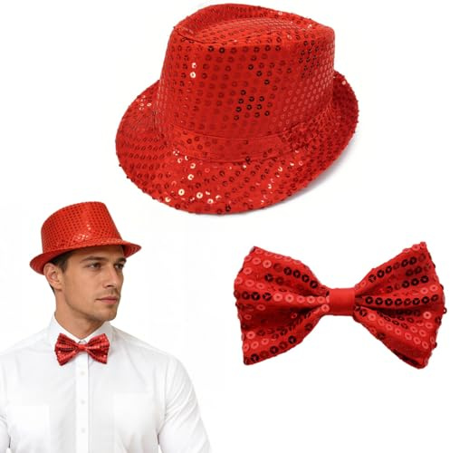 Rote Pailletten Hut Und Rote Paillettenfliege, Unisex, Disco Outfit, Accessoire, Karneval, Glitzer Hut Herren, Kostüm, Themenparty, Mottoparty