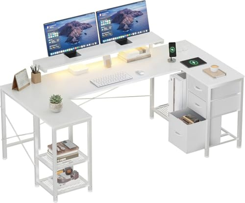 Devoko Eckschreibtisch Gaming Schreibtisch mit LED, Stauraum & 3 Schubladen, 170x95x75cm, Schreibtisch mit Höhenverstellbarer Ablage, 2 Steckdosen & 2 USB, Weiß