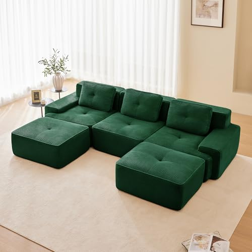 Dolamaní Boneless Modular 2-Sitzer-Sofa + 2 Hockern Cord, montagefrei, Tiefem Sitz, U-förmiges, modernes Ecksofa Eckcouch Couch für Wohnzimmer/Schlafzimmer/Büro/Wohnung (Grün)