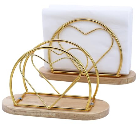 Piuluvor® 2 Stück Serviettenhalter Gold, Serviettenständer aus Metall und Holz, Herzförmiger Napkin Holder für Haus Küche Restaurant Cafés